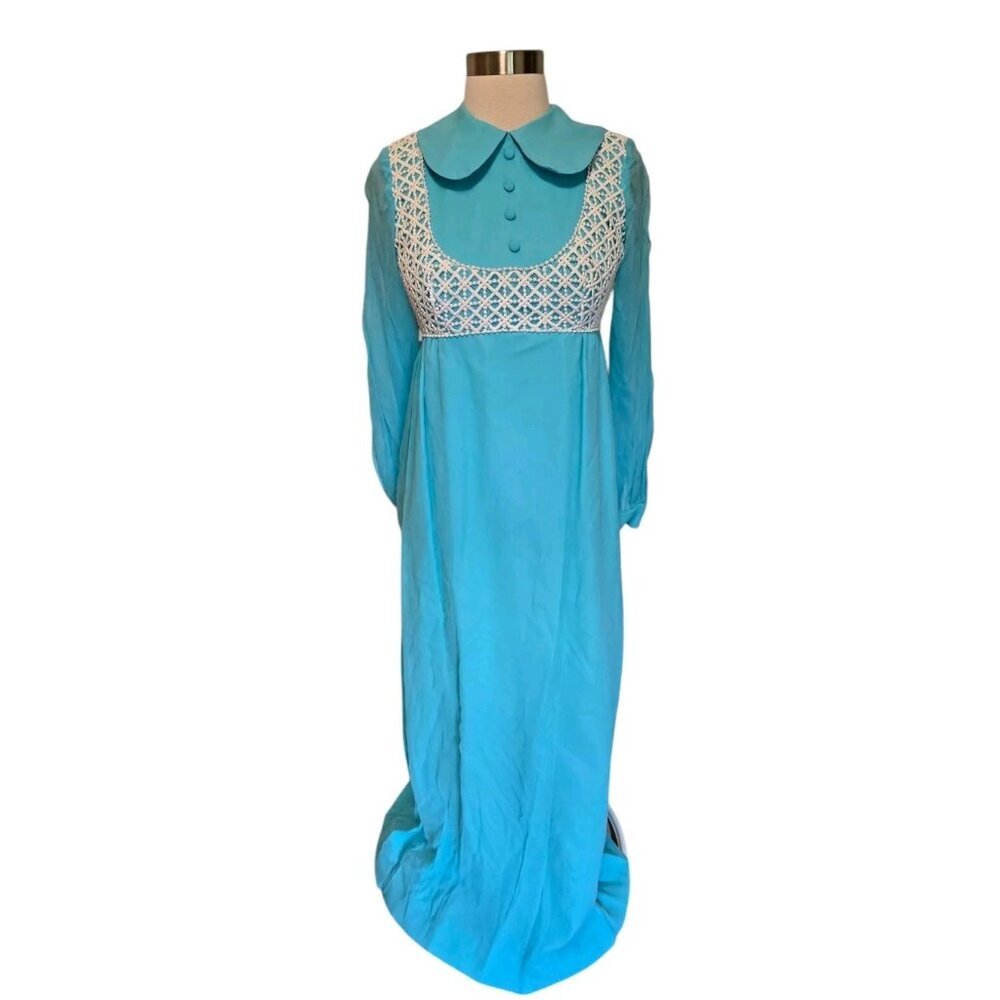 Womens 70s Vintage Blue Maxi Dress Peter Pan Collar Long Sleeve
